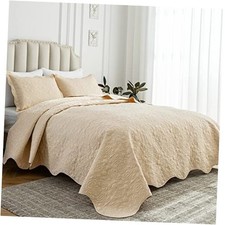 King Size Quilt Set 3 Pieces, King 106" x 90" Beige Heart-floral Pattern 