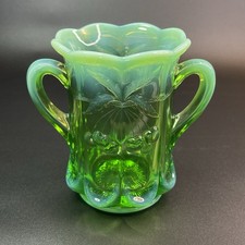 Mosser Spooner Cherry Thumbprint Green Glass & Opalescent Double Handle