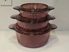 Set Of 3 Vintage Visions Corningware Pyrex Cranberry Glass Lidded Cookware