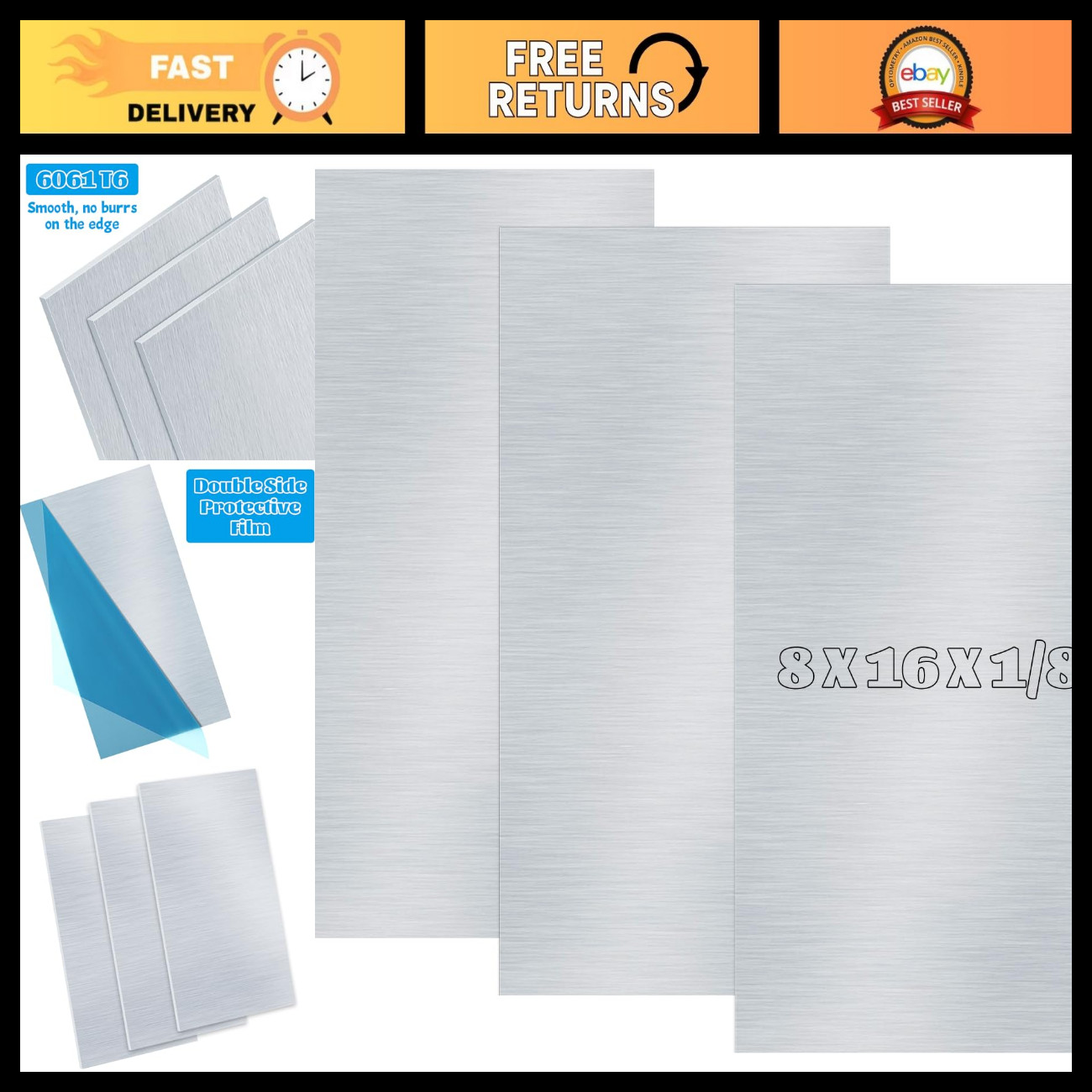 3 Pack 6061 Aluminum Sheet Metal 8x16x1/8" Flat Plate, Protective Film, Crafting