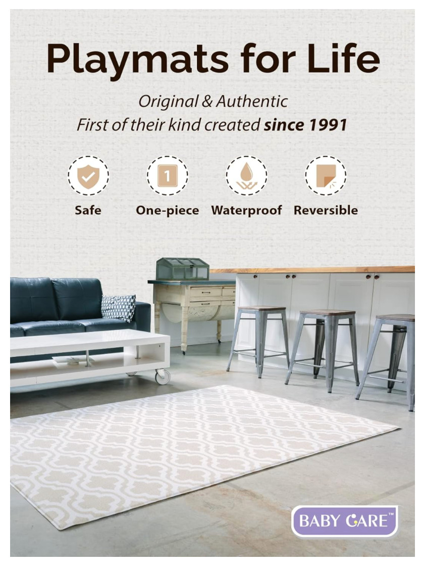 Baby Care Play Mat (Medium, Moroccan - Beige) 73’’ x 49’’ Reversible, Waterproof