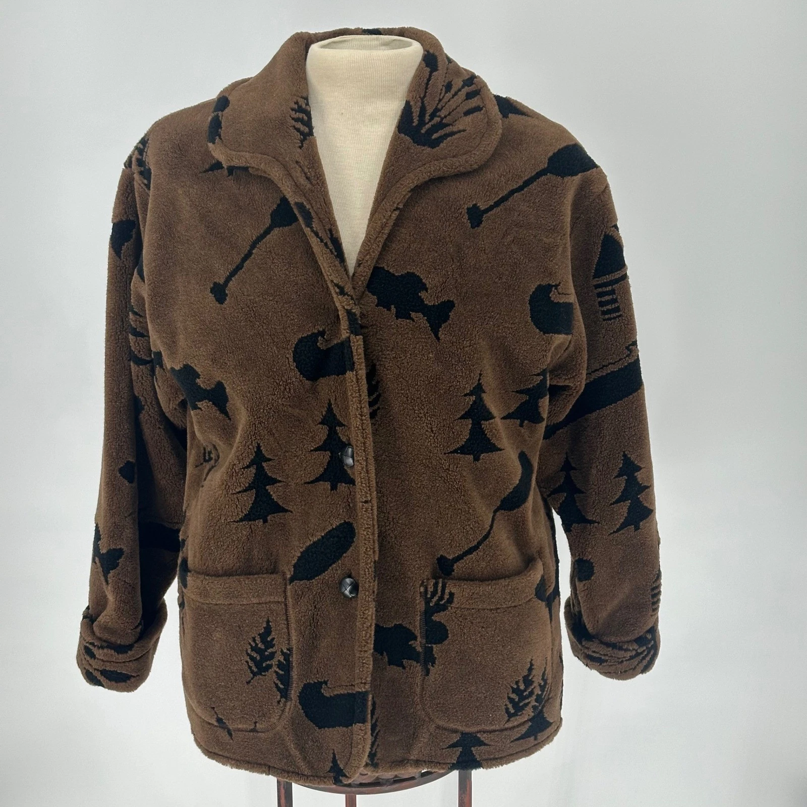 Vtg Denali Men's Brown Sherpa Fleece Jacket Nature Moose Trees Canoes Puddle M