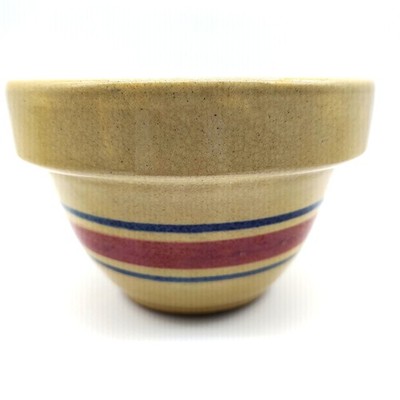 Vintage Stoneware Mixing Bowl Blue Red Bands Rustic Farmhouse Primitive Kitchen