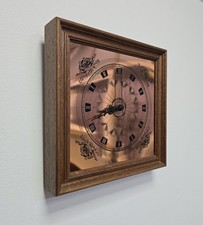 Vintage Mid Century Copper And Wood Square Battery Wall Clock Working 