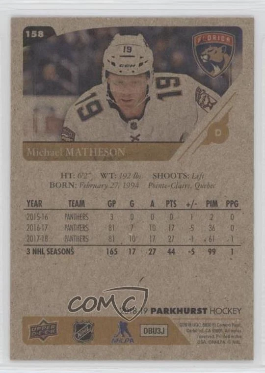 2018-19 Upper Deck Parkhurst Bronze Michael Matheson #158 - Image 2 of 2