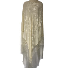 Vtg Silk Embroidered  Flamenco Manton Sevilla  Spain Bridal Piano Shawl Cream