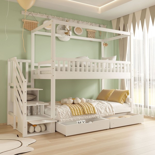 Etagenbett Kinderbett 90X200Cm Massivholz Weiß Mit Staufach Leiter-image