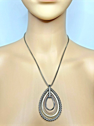 Necklace With Tri-Colored 2.5" Statement Pendant Adjustable Length 33" Max BOHO