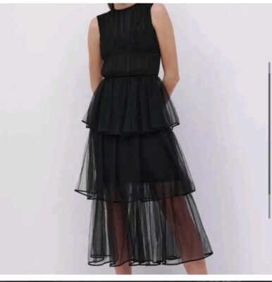 Jonathan Simkhai Sz 2 Dress Benton Tulle Plisse Midi Tiered bridal Black New NWT
