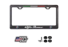 Alfa Romeo Logos & White Text with Italy Stripe Real Carbon Fiber License Frame