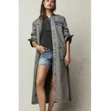 Free People Longline Duster Coat Size S Anna Lou Distressed Denim Long Sleeve
