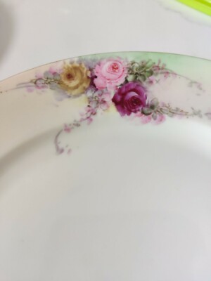 MZ Austria Set of 4 Round Gold Trim Floral 8.5'' Plates Cabbage Rose Spray
