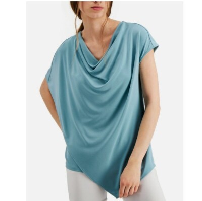 Alfani Womens M Precious Jade Asymmetrical Short Sleeve Drape Neck Top NWT AY27