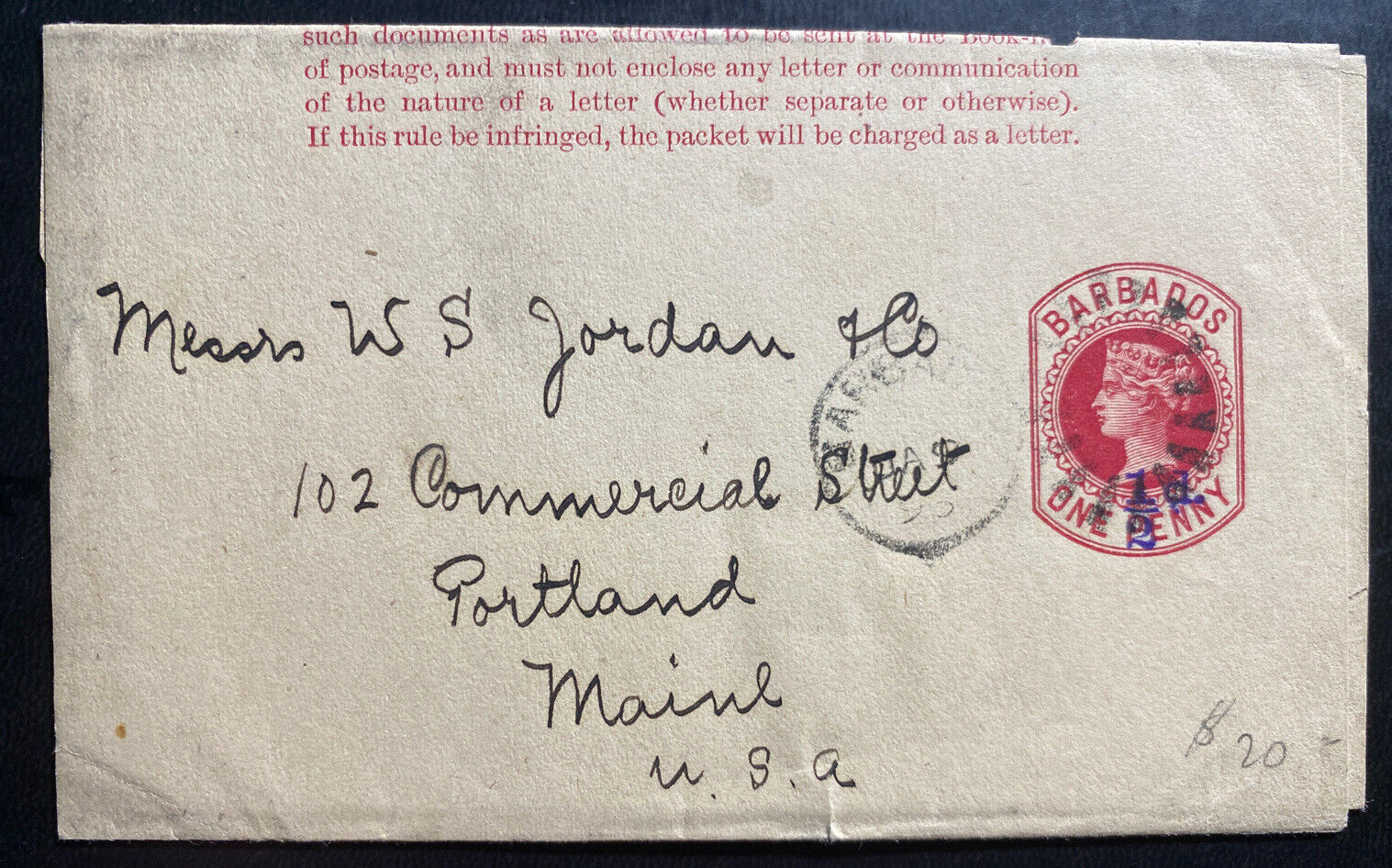 1896 Barbados Postal Super special price Cheap sale stationery wrapper ME USA Portland To Cover