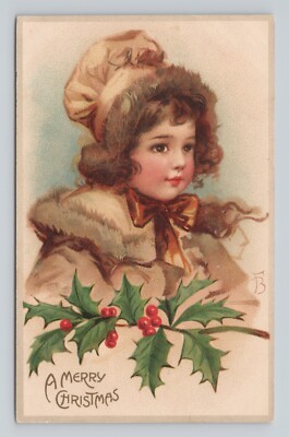 Tucks 4 Frances Brundage Christmas Young Girl Brown Bow Coat Hat Holly Postcard