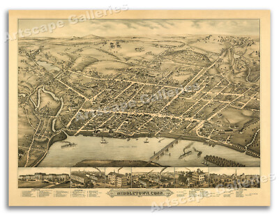 Middletown Connecticut 1877 Historic Panoramic Town Map - 20x28