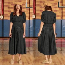 THE GREAT Alder Black Jacquard Pleated Short Sleeve V Neck Ruffle Midi Dress XS