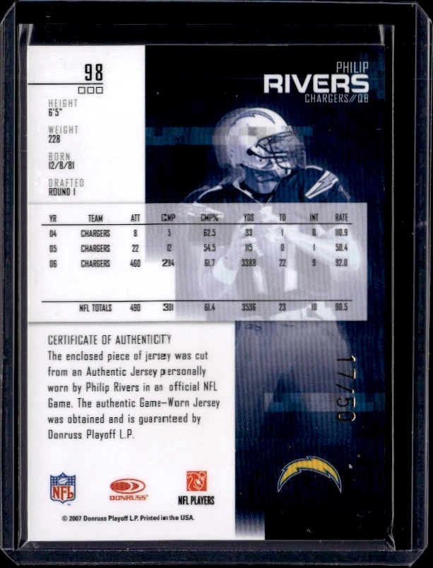 2007 Leaf Rookies & Stars Philip Rivers #98 Yellow Materials Jersey Match #17/50 - Image 2 of 2