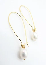 Artisanal Genuine Cultured Freshwater Pearl Gold Kidney Wire Threader Earrings