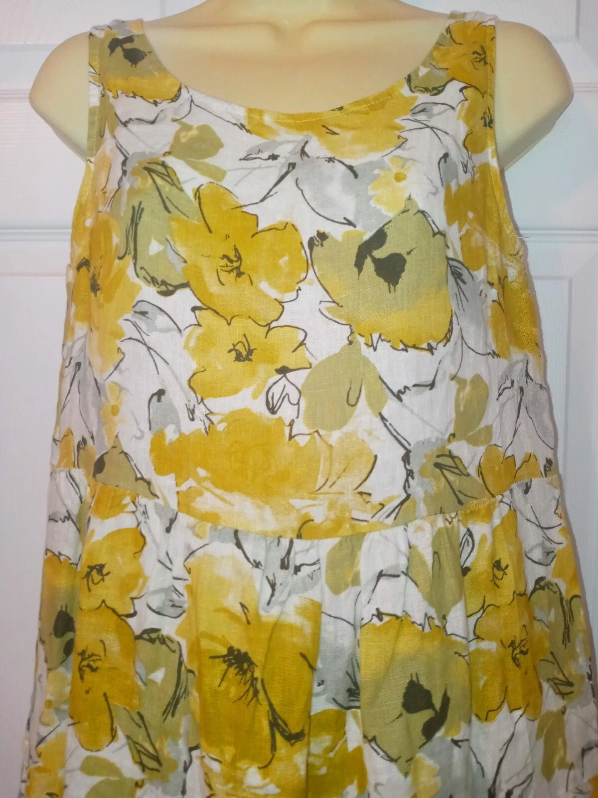 Abito Valentino Naldo 100% lino COOL giallo floreale senza maniche contadino Italia S
