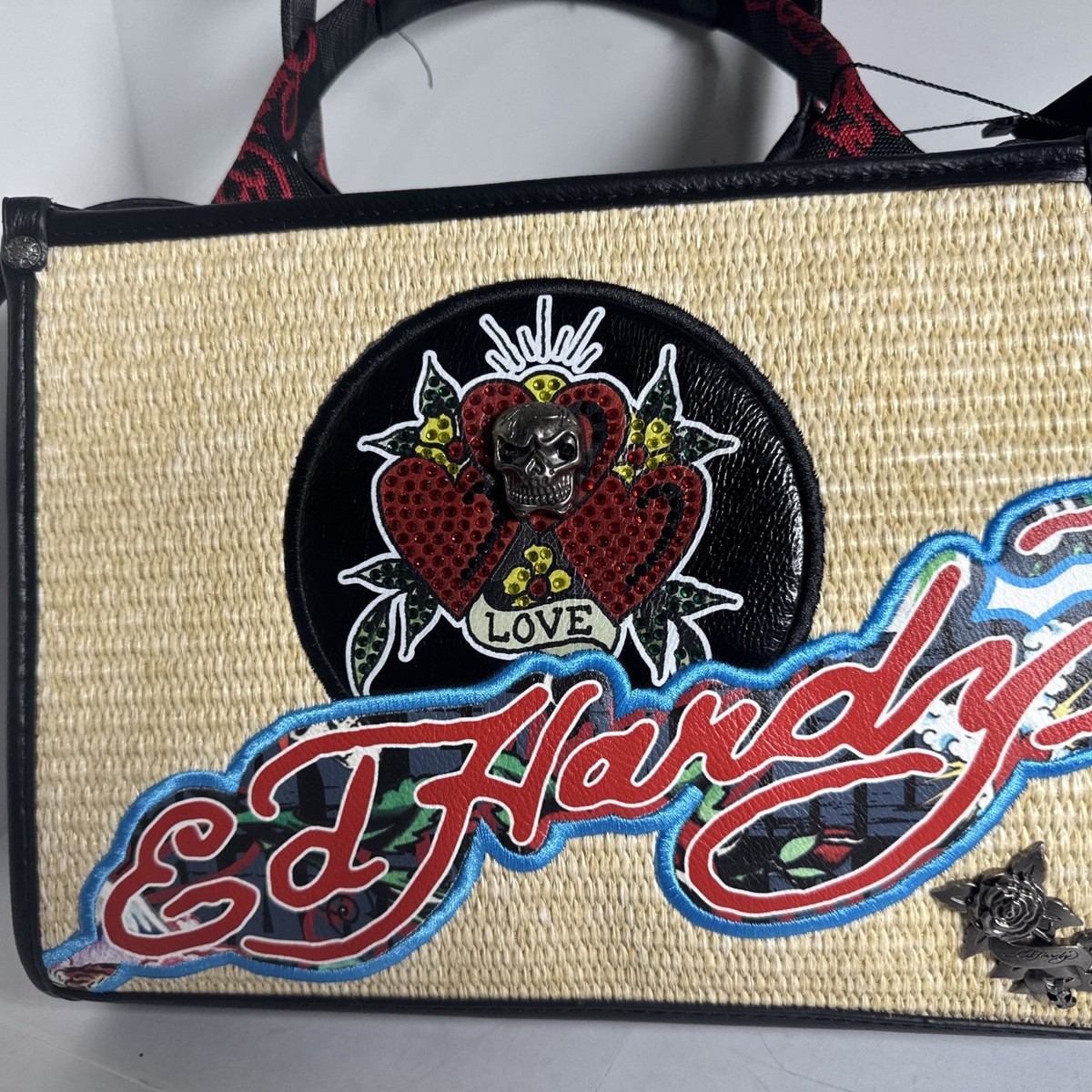 Ed Hardy Woven Front Tote Bag Rhinestone Love Hearts Y2K Back NWT