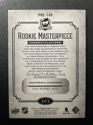 21-22 The Cup Hockey Rookie Masterpiece Printing Plate Auto Ukko