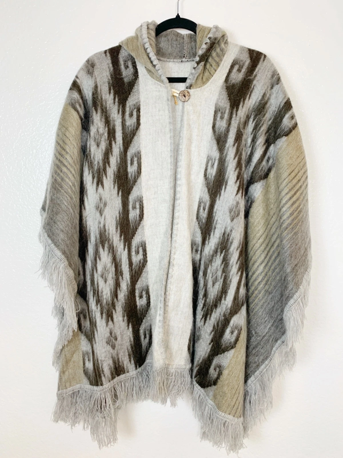 Unisex Hooded Poncho Cape One Size Ecuador Alpaca Blend Gray Brown Western Boho