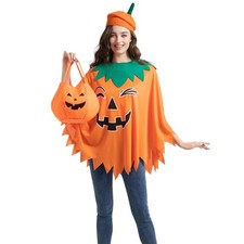 Adults Glow-In-The-Dark Pumpkin Costume 3 PCS Halloween Poncho With Pumpkin B...