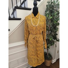 New York & Company Shirt Dress L Yellow Leopard Collared Tie-Waist Button-Up