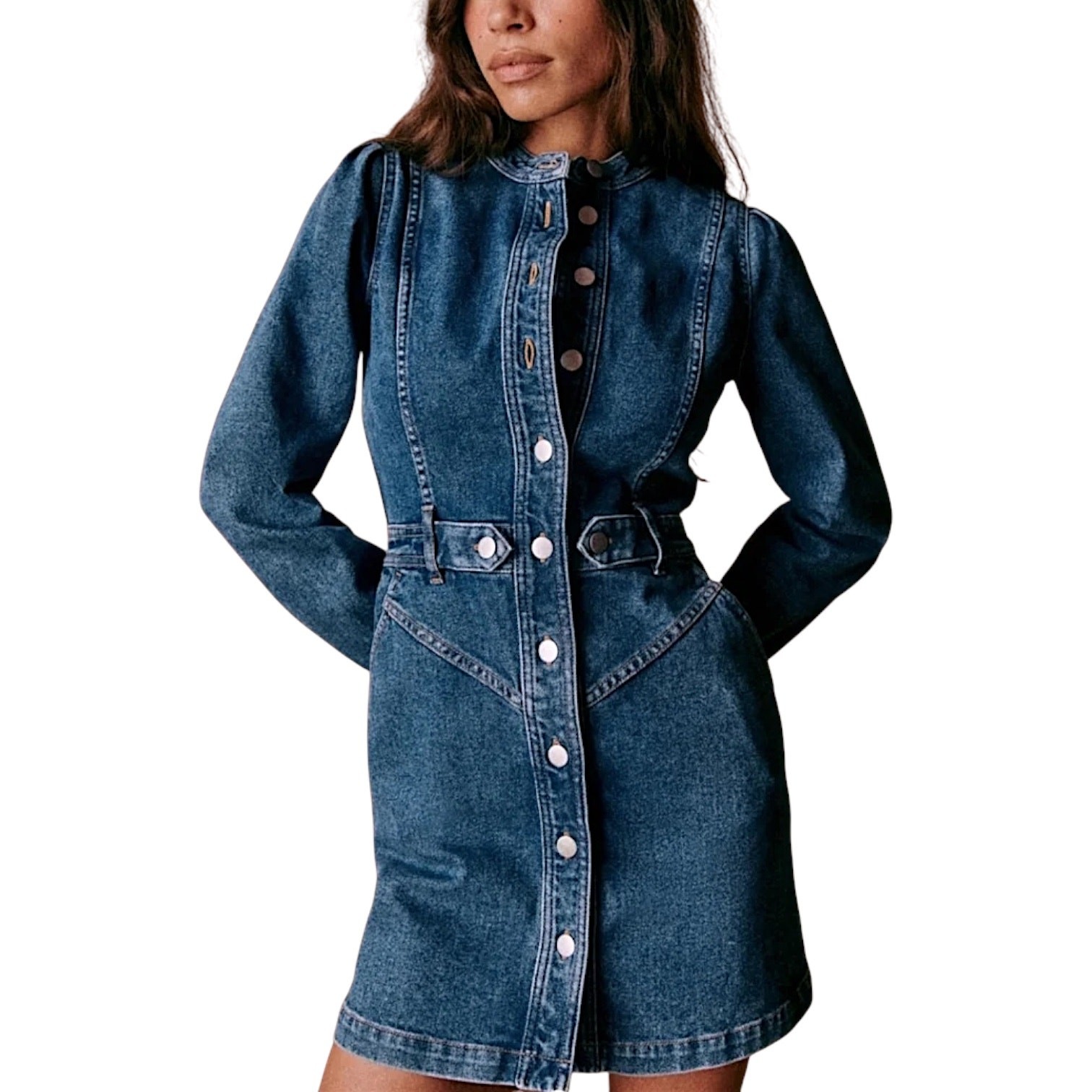 Sézane NWT 'Alberta' Denim Dress, Buttoned Sheath, Medium Wash Blue, 38 FR, 6 US