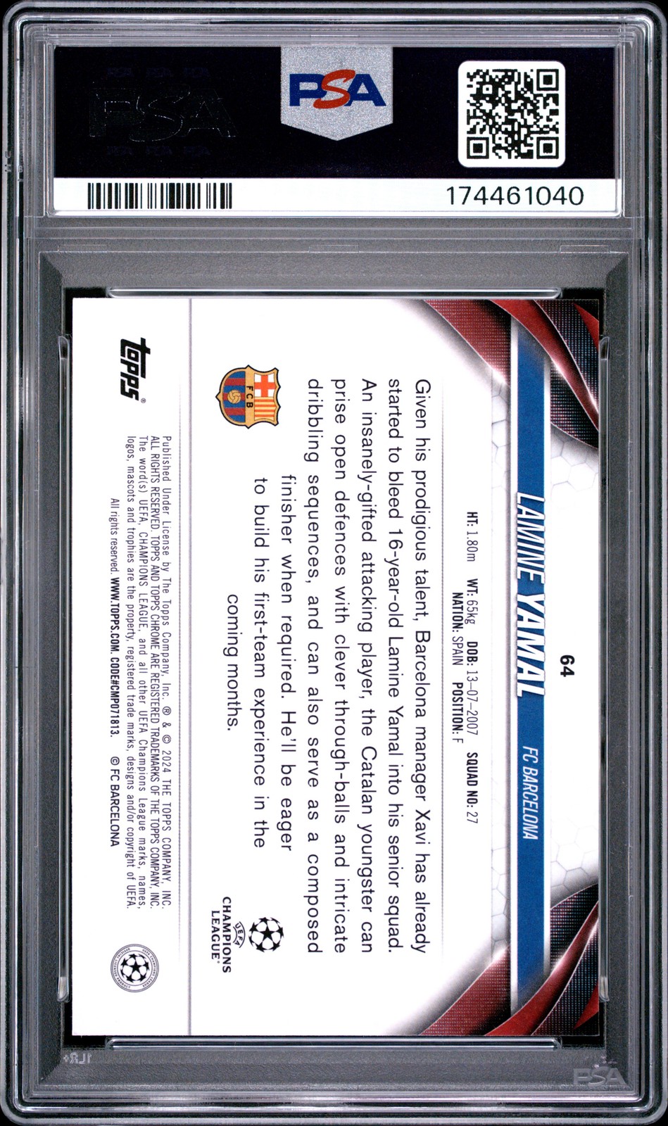 2023-24 TOPPS CHROME UEFA CLUB COMPETITIONS #64 LAMINE YAMAL ROOKIE RC PSA 10 view 2