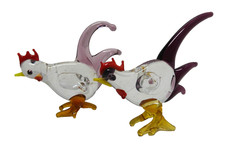VINTAGE PAIR OF STUDIO HAND MADE ART GLASS ROOSTER CHICKEN BIRD STATUE FIGURINES