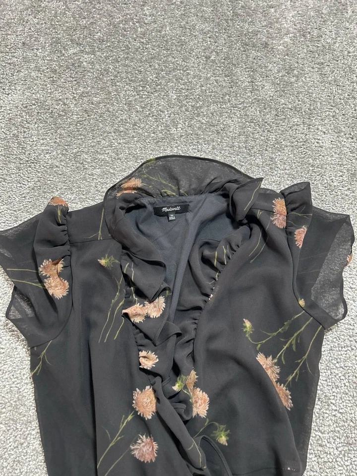 Mini Vestido Madewell Georgette Envolvente con Volantes Mujer XS Negro Floral Retrato Aster Foto 3 de 4