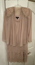 SLNY Beige mother of the bride Chiffon Dress Layered Beaded Sleeveless size 14W