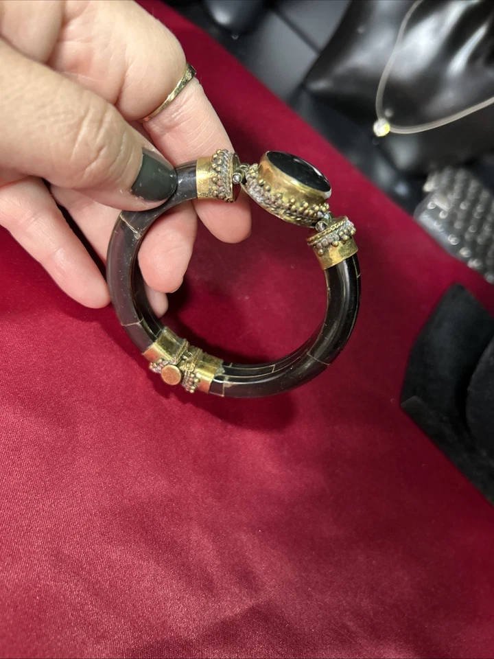 Brazalete de hueso natural con ónix negro aspecto antiguo brazalete joyería bohemia Foto 3 de 4