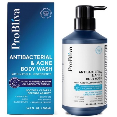ProBliva Antibacterial Body Wash for Body Acne & Breakouts, Tea Tree Cleanser