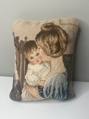 Vtg Lillian Vernon Needlepoint Petit Throw Pillow Mother Child Velvet Back