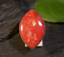 Hübscher 925 Sterling Silber Ring Schaumkoralle Rot Mandelförmig Vintage