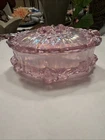 Vintage Fenton Cabbage Rose pink Iridescent Oval trinket box w/ Lid
