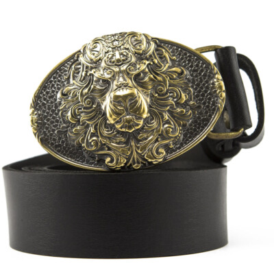 Leather belt with buckle King Lion, Brass buckle the lion's head on the leather 