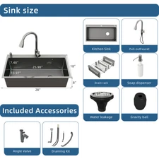 28"/30"/32" Silver Kitchen Sink Stainless Steel Single Bowl Drop In Faucet