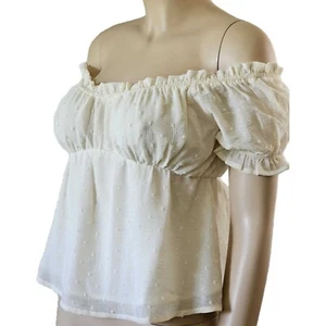 On Off Shoulder Blouse Empire Waist Top Short Sleeve Swiss Dot NWT side