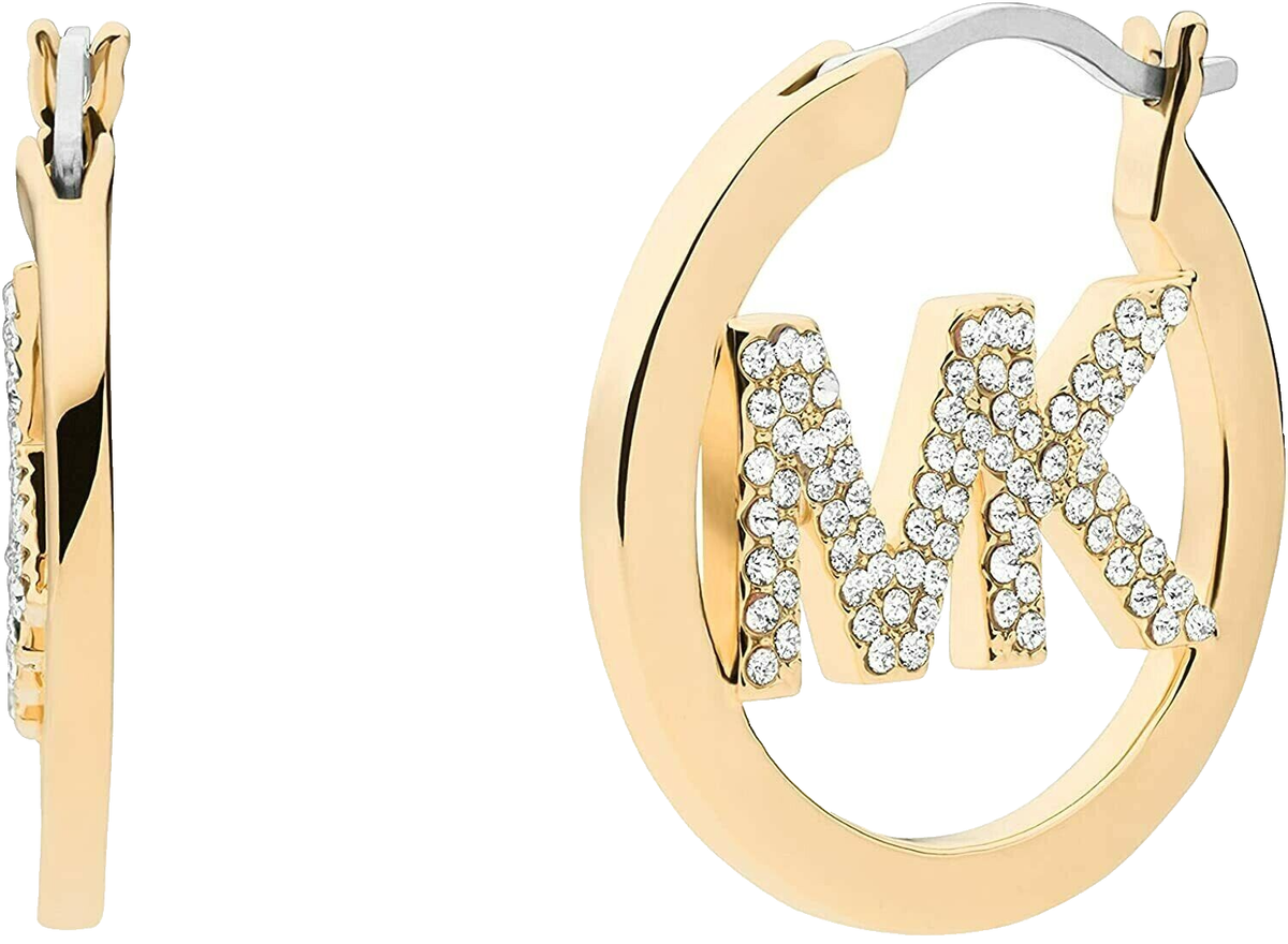 MICHAEL KORS BRASS GOLD-TONE PAVE MK CRYSTALS LOGO HOOP EARRINGS