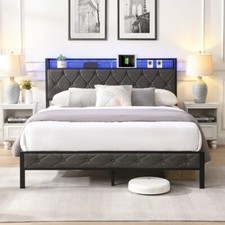 Full Bed Frame with Storage Headboard,Charging Station and LED Light,Upholstered