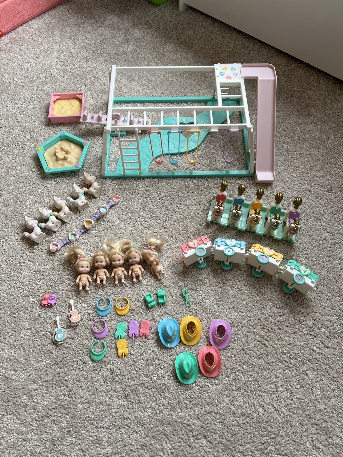 Tyco Quints 5 dolls with Accessories Vintage 80s Cats Playground Horses Sandbox