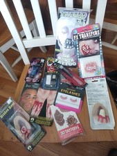 Huge Lot HALLOWEEN MAKE UP, PROSTHETIC LOT Tatoos Blue Hair dye Fake Teeth New