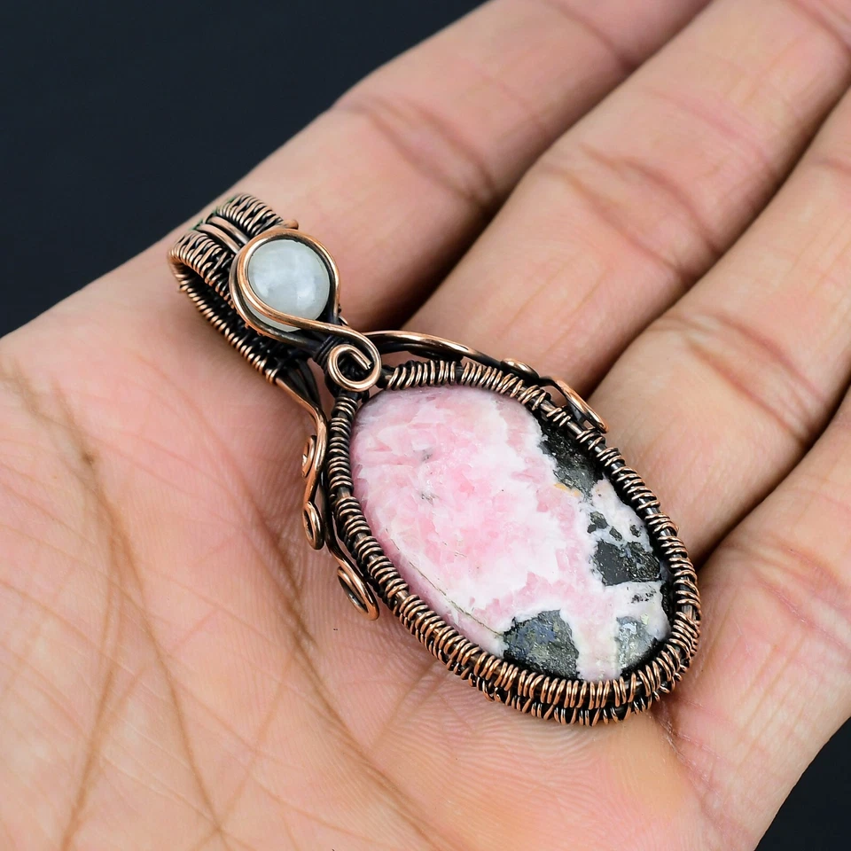 Piedras preciosas de rodocrosita hecho a mano piedra lunar recortadora alambre envuelto colgante de diseñador Foto 3 de 4