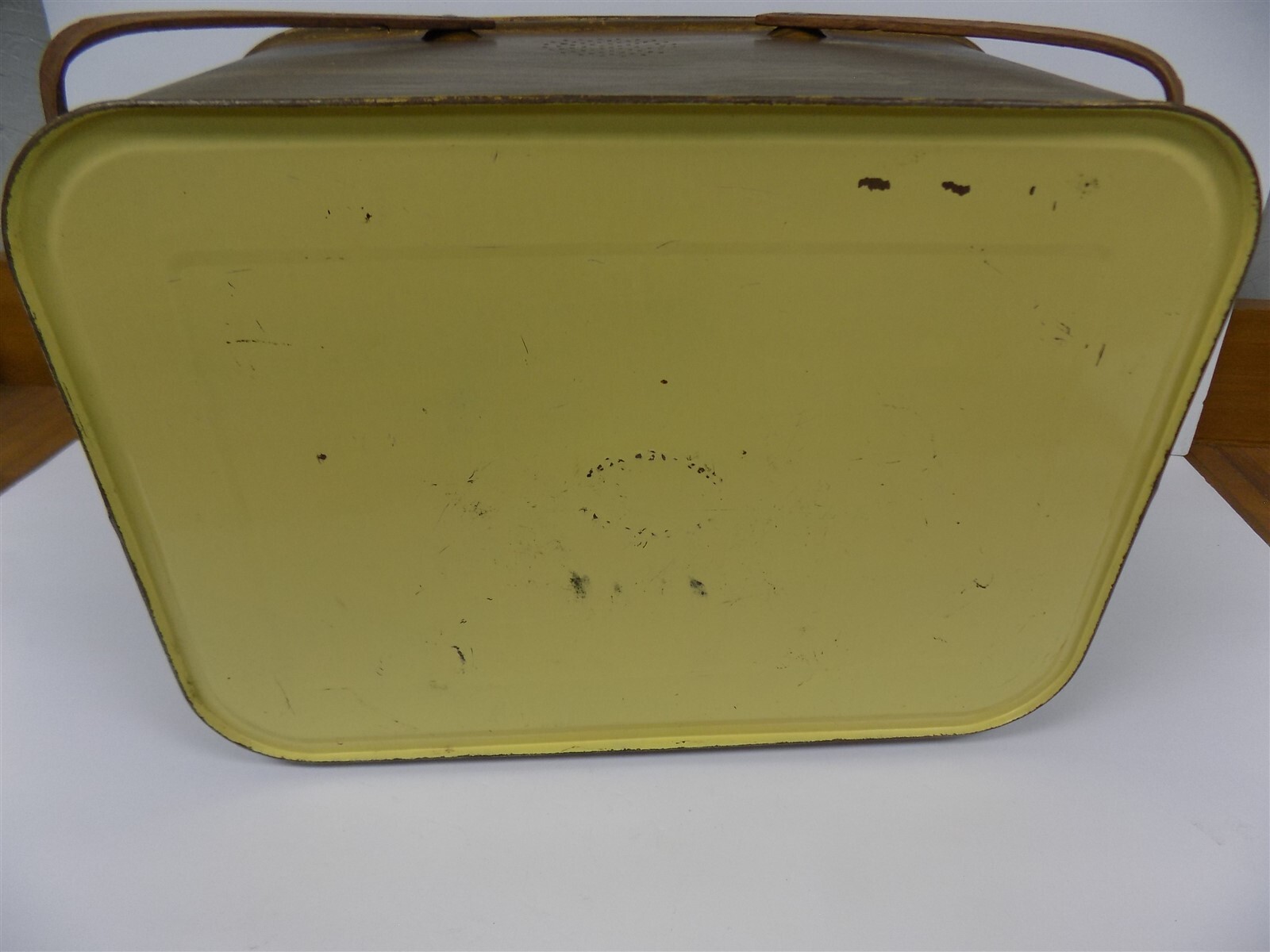 Vintage Brown Metal Picnic Basket with Wooden Handles