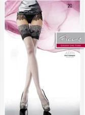 FIORE JUDITH DECRATIVE WIDE LACE BAND HOLD UP STOCKINGS RED AND WHITE 3 SIZES