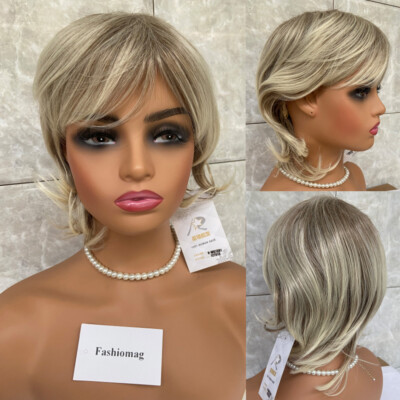 Short Straight 100% Human Hair Blonde Mix Wig Women Soft Natural